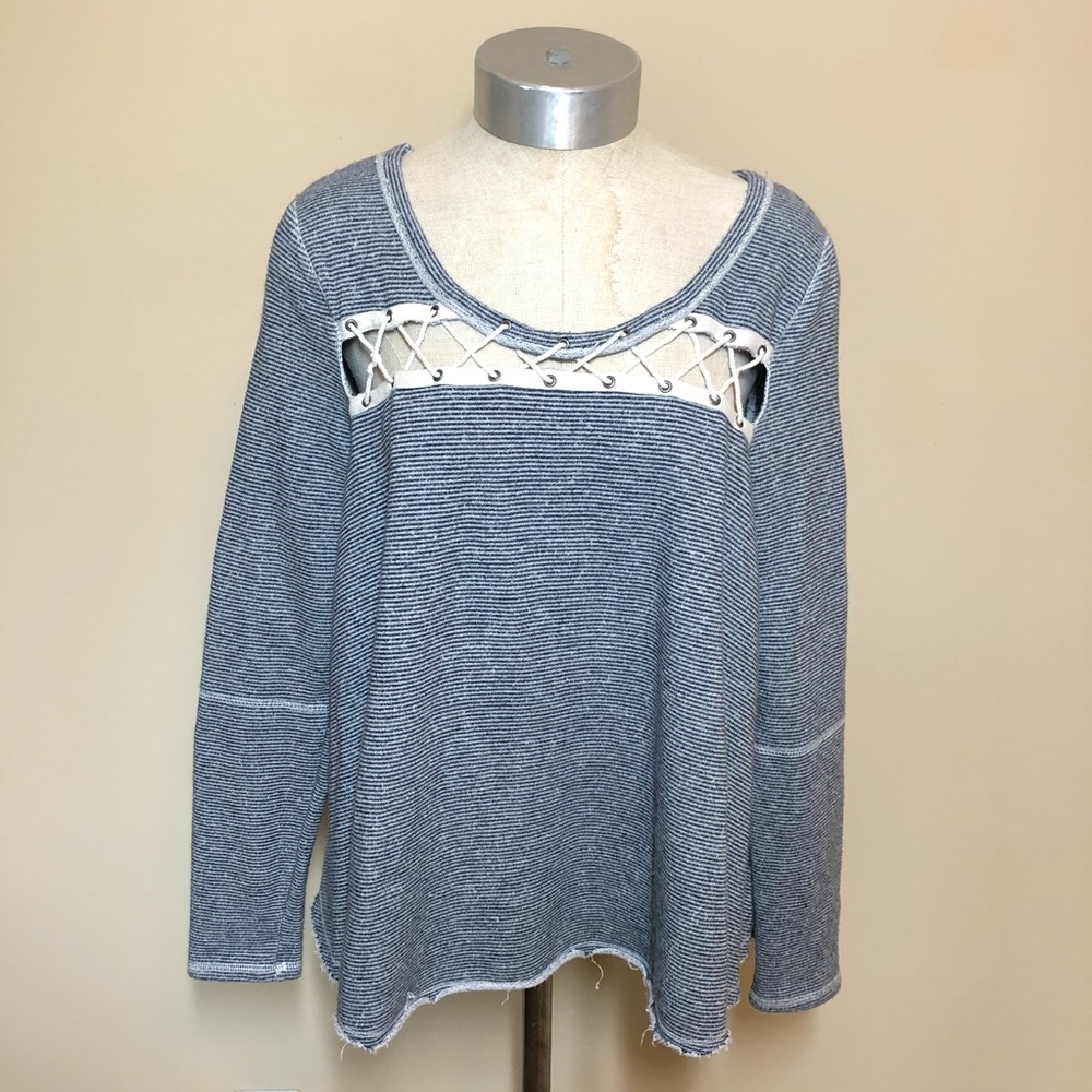Free people Lacey love striped lace up sweater frayed hem
